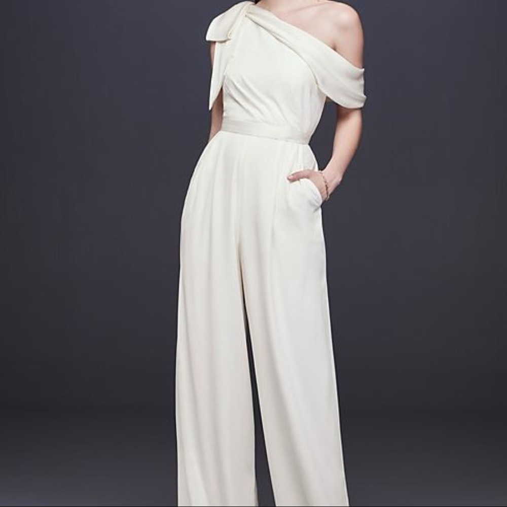 DB Studio One Shoulder White Bow Bridal Jumpsuit Bride Outfit Size 10